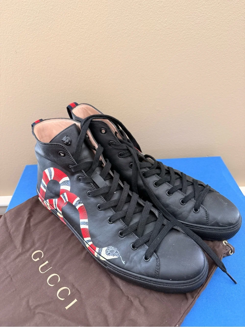 Gucci Black Leather High-Top Sneakers with Red & White Snake Accent